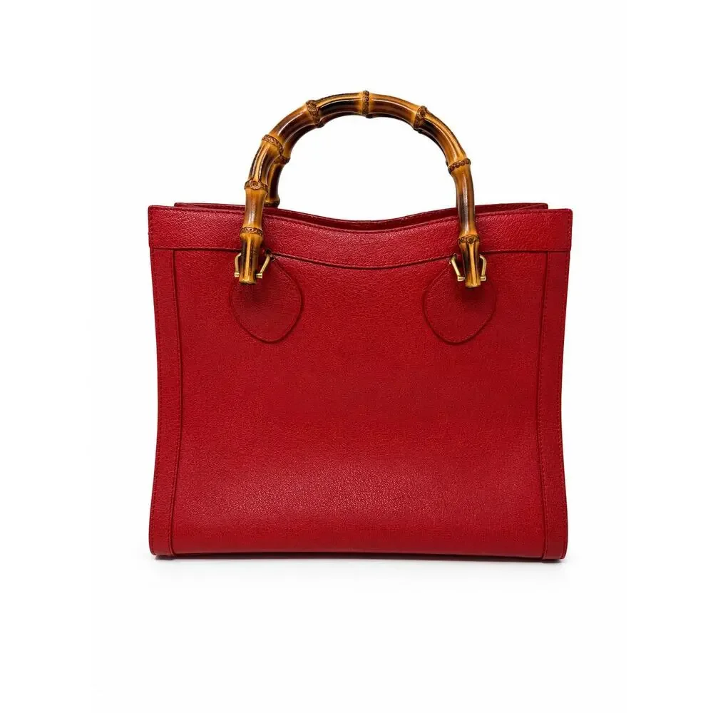 Gucci Vintage Diana Red Leather Bamboo Tote Bag